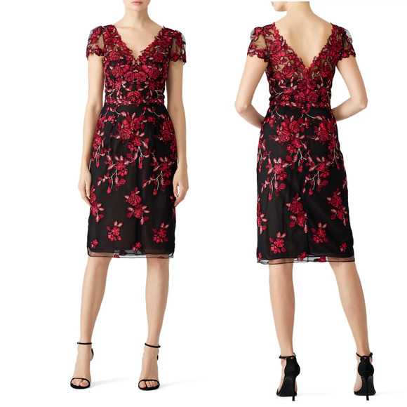 Marchesa Notte Dresses & Skirts - Marchesa Notte Red Floral Embroidered Sheath Cocktail Dress Size Large